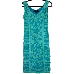 T&W Designs Blue and Green Embroidered Floral Mini Dress Short Cocktail Small